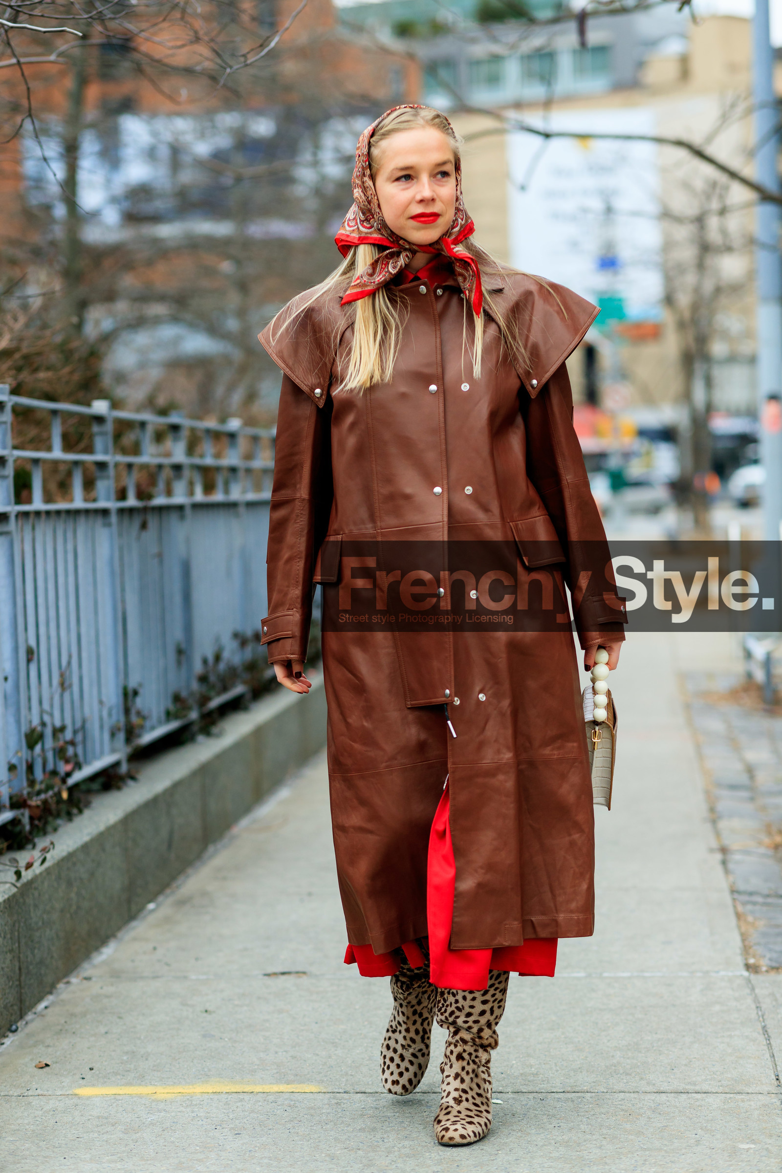 animal print, brown bag, brown jacket, brown scarf, chloe king, headscarf, high boots, leather bag, leather coat, leather shoes, leopard, street style, jonathan paciullo, frenchystyle, NYFW, NEW YORK, AUTUMN WINTER 2019-2020, AW 19-20, FALL WINTER 2019-2020, FW 19-20, fashion week, FW, vertical, full length