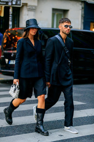 alice & j.s, alice barbier, JS roques, black jacket, white sunglasses, futurist shape sunglasses, black pants, black bermuda shorts, dior bag, dior boots, dior jacket, dior pants, dior shorts, dior total look, monogrammed bag, crossbody bag, black hat, black leather boots, vans shoes, checked shoes, lady dior bag, hand bag, studs details bag, white leather bag, flat boots, dior hat, dior strap bag, fashion week, frenchystyle, FW, jonathan paciullo, street style, SPRING SUMMER 2020, SS 20, PFW, PARIS, vertical, full length