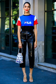 black pants, blue t shirt, crop top, fendi, fila, fringes, graphic bag, graphic top, high heels, jessica kahawaty, leather bag, leather pants, leather shoes, monogram, printed bag, printed t shirt, red lips, transparent shoes, trousers, white bag, street style, jonathan paciullo, FW, frenchystyle, fashion week, MFW, MILAN, SPRING SUMMER 2019, SS 19, vertical, full length
