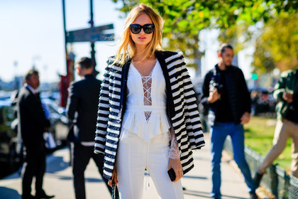 atmosphere details, black and white, detail, fashion week, frenchystyle, FW, geometric, graphic jacket, horizontal, jonathan paciullo, lace top, model, over the shoulder, PARIS, PFW, printed jacket, romee strijd, SPRING SUMMER 2017, SS 17, street style, striped jacket, stripes, sunglasses, trousers, white pants, white top