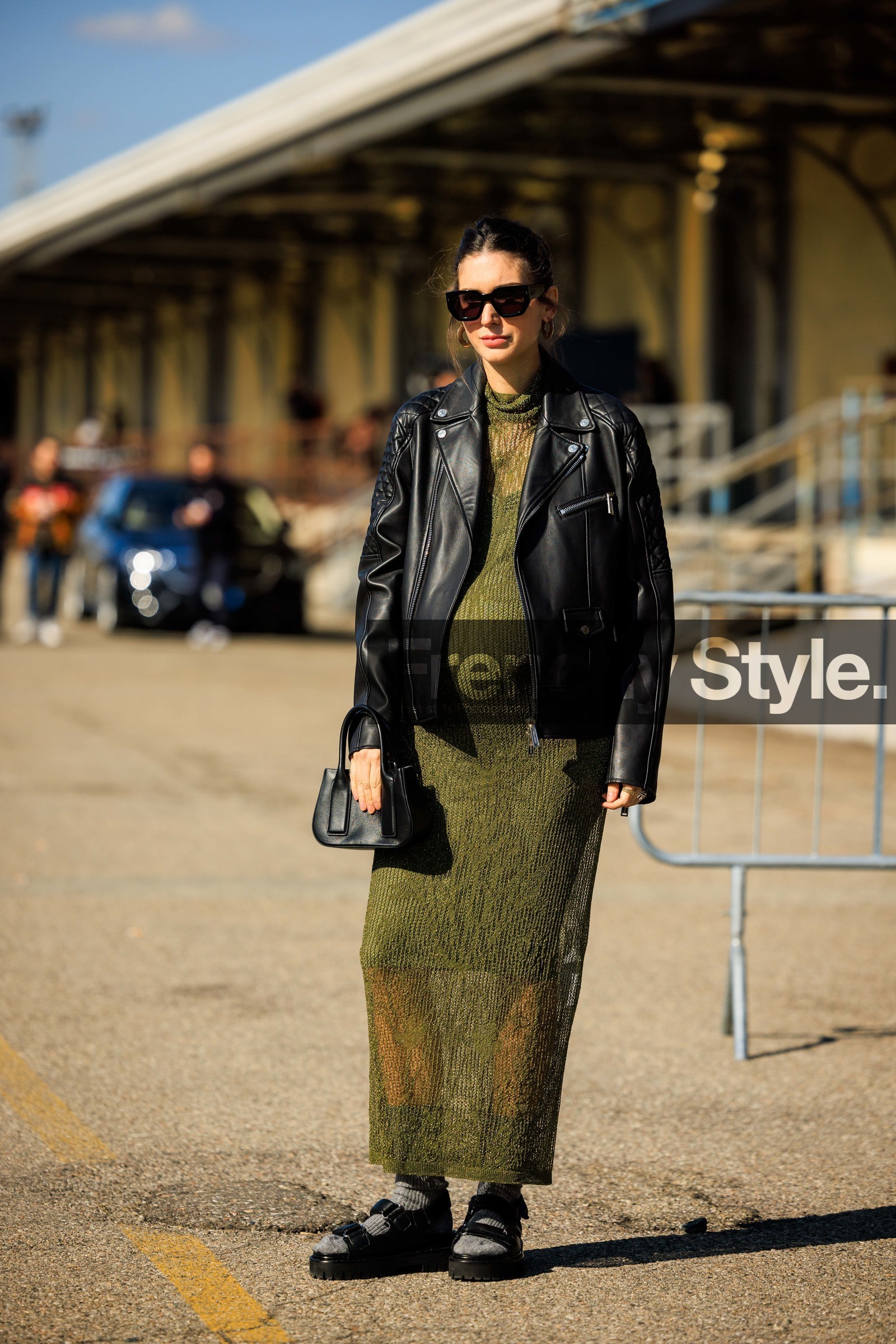 green knitted dress, long dress, biker jacket, black jacket, black sunglasses, black sandals, black handbag, diletta bonaiuti, fashion week, frenchystyle, FW, jonathan paciullo, street style, vertical, full length