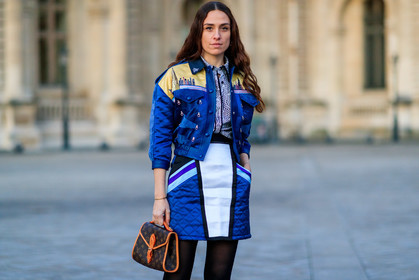 erika boldrin, louis vuitton skirt, louis vuitton jacket, louis vuitton shirt, louis vuitton bag, blue jacket, blue bombers, blue skirt, white skirt, yellow jacket, yellow bombers, striped skirt, brown leather bag, camel leather bag, hand bag, monogrammed bag, black shirt, white shirt, geometrical printed shirt, satin bombers, satin jacket, satin skirt, blue leather jacket, blue leather bombers, blue suede jacket, blue suede bombers, mini skirt, quilted jacket, quilted skirt, quilted bombers, printed bombers, printed jacket, black tights, fashion week, frenchystyle, FW, jonathan paciullo, street style, PFW, PARIS, horizontal, atmosphere details, detail