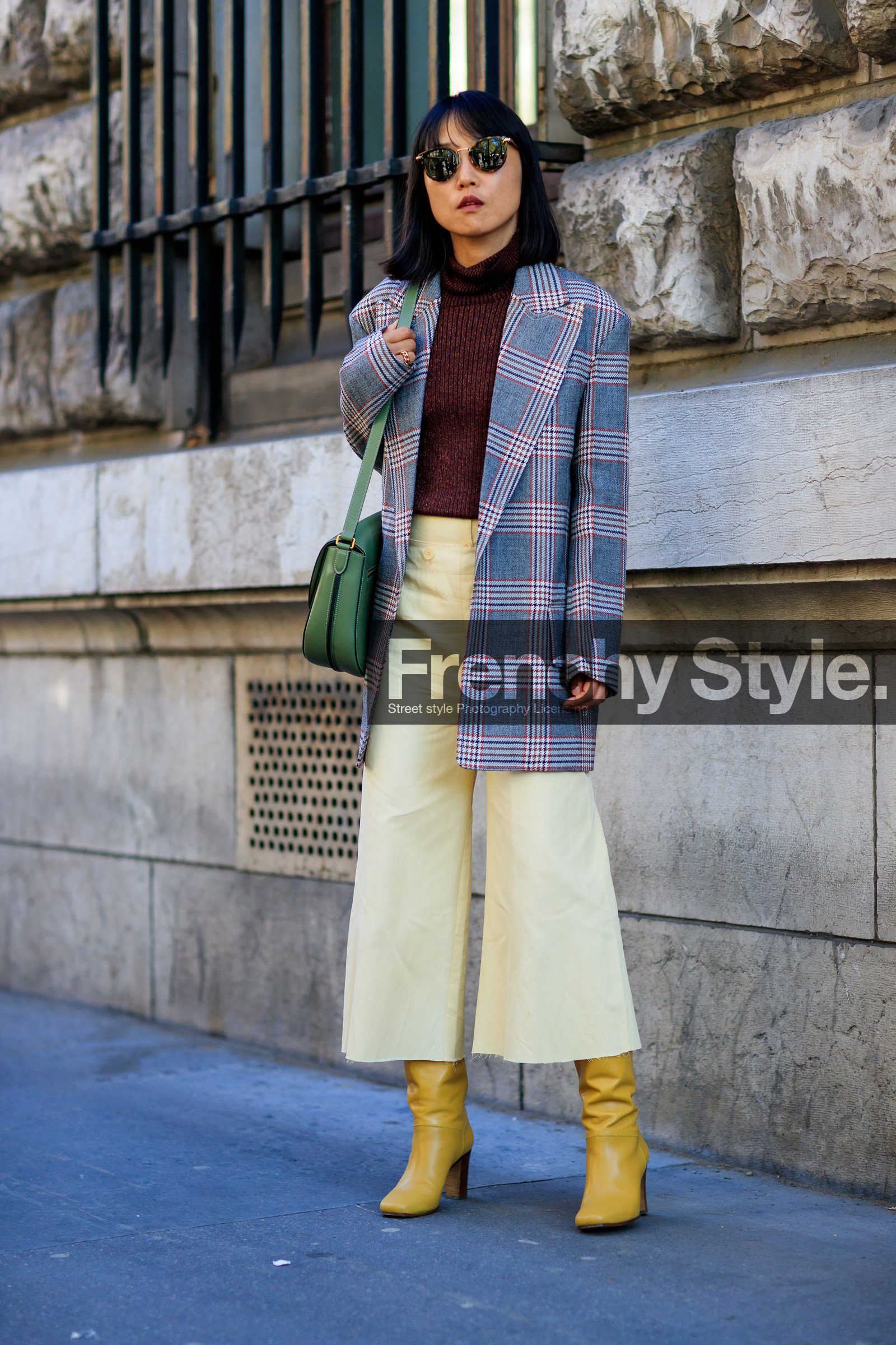 beige pants, blazer, checked jacket, céline, fashion week, frenchystyle, full length, FW, graphic jacket, green bag, grey jacket, high heels, jonathan paciullo, leather bag, leather shoes, miyuki uesugi, PARIS, PFW, plaid, printed jacket, SPRING SUMMER 2017, SS 17, street style, sunglasses, tartan, trousers, vertical, yellow boots, yellow pants