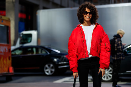 black denim, bomber jacket, denim pants, jeans, red jacket, sunglasses, trousers, white sweater, street style, jonathan paciullo, FW, frenchystyle, fashion week, NYFW, NEW YORK, AUTUMN WINTER 2018-2019, AW 18-19, FALL WINTER 2018-2019, FW 18-19, atmosphere details, horizontal, detail, model