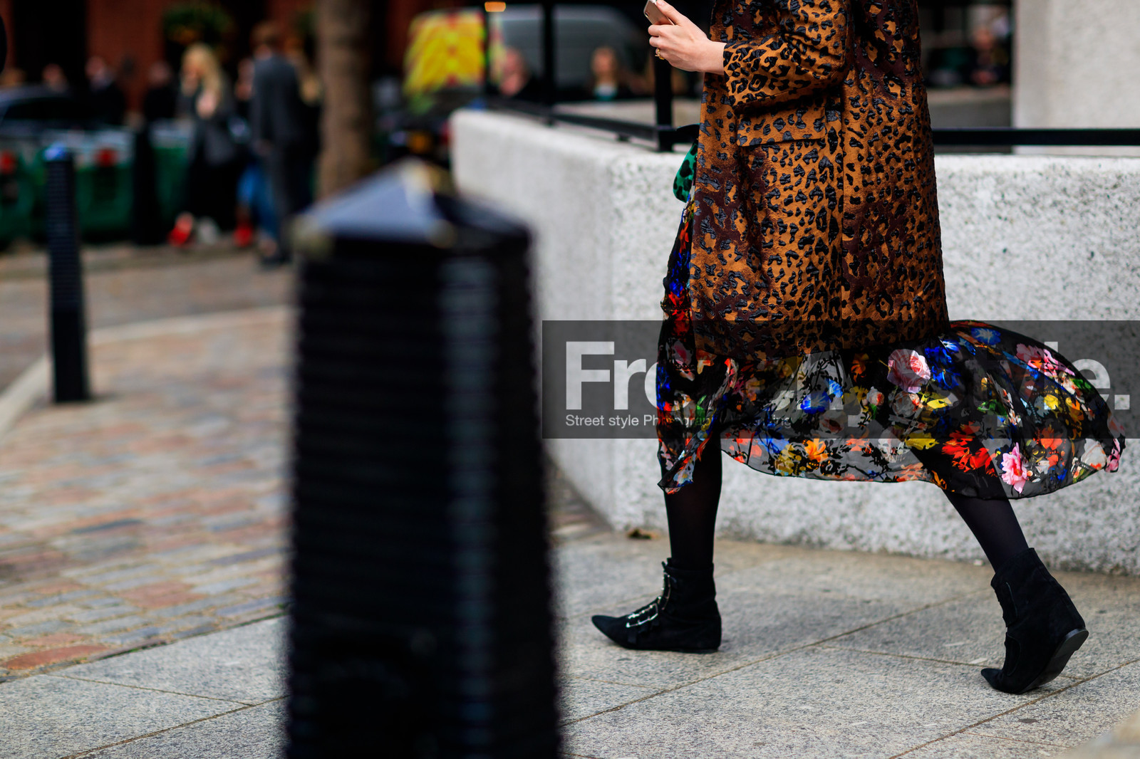 animal print, atmosphere details, black dress, black shoes, brown coat, detail, fashion week, floral, flowers, frenchystyle, FW, graphic dress, horizontal, jonathan paciullo, leather shoes, leopard print, LFW, LONDON, printed coat, printed dress, see through, SPRING SUMMER 2018, SS 18, street style