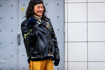 black jacket, black perfecto, embroideries, floral, flowers, graphic jacket, leather jacket, leather perfecto, loewe, orange pants, printed jacket, trousers, fashion week, frenchystyle, FW, jonathan paciullo, street style, PFW, PARIS, AUTUMN WINTER 2018-2019, FALL WINTER 2018-2019, FW 18-19, horizontal, atmosphere details