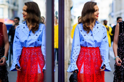 atmosphere details, blue shirt, detail, embroidered shirt, fashion week, frenchystyle, FW, horizontal, jessica alba, jonathan paciullo, lace skirt, PARIS, PFW, red skirt, SPRING SUMMER 2017, SS 17, street style