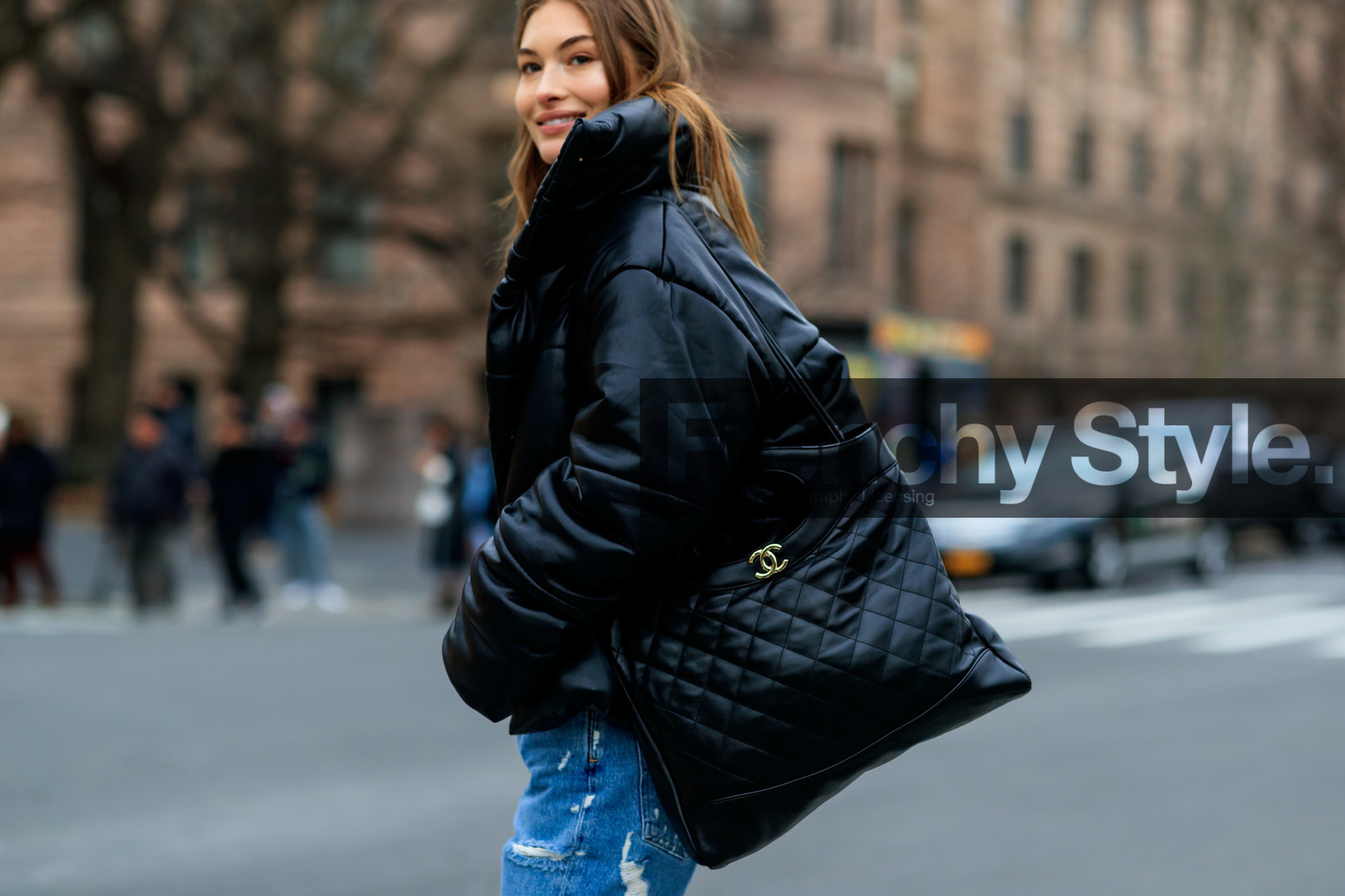 black bag, black jacket, blue denim, denim pants, down jacket, Grace Elizabeth, jeans, leather bag, model, trousers, street style, jonathan paciullo, frenchystyle, NYFW, NEW YORK, AUTUMN WINTER 2019-2020, AW 19-20, FALL WINTER 2019-2020, FW 19-20, FW, fashion week, atmosphere details, horizontal, detail