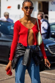bulgari sunglasses, cateye sunglasses, cleo bag, color, denim, green bag, high waist jean, jacquemus top, jean, knotted waist, leather jacket, pistachio bag, prada bag, red top, ribbed knit, sunglasses, fashion week, frenchystyle, FW, jonathan paciullo, street style, MFW, MILAN, SPRING SUMMER 2022, SS 22, vertical, atmosphere details, detail