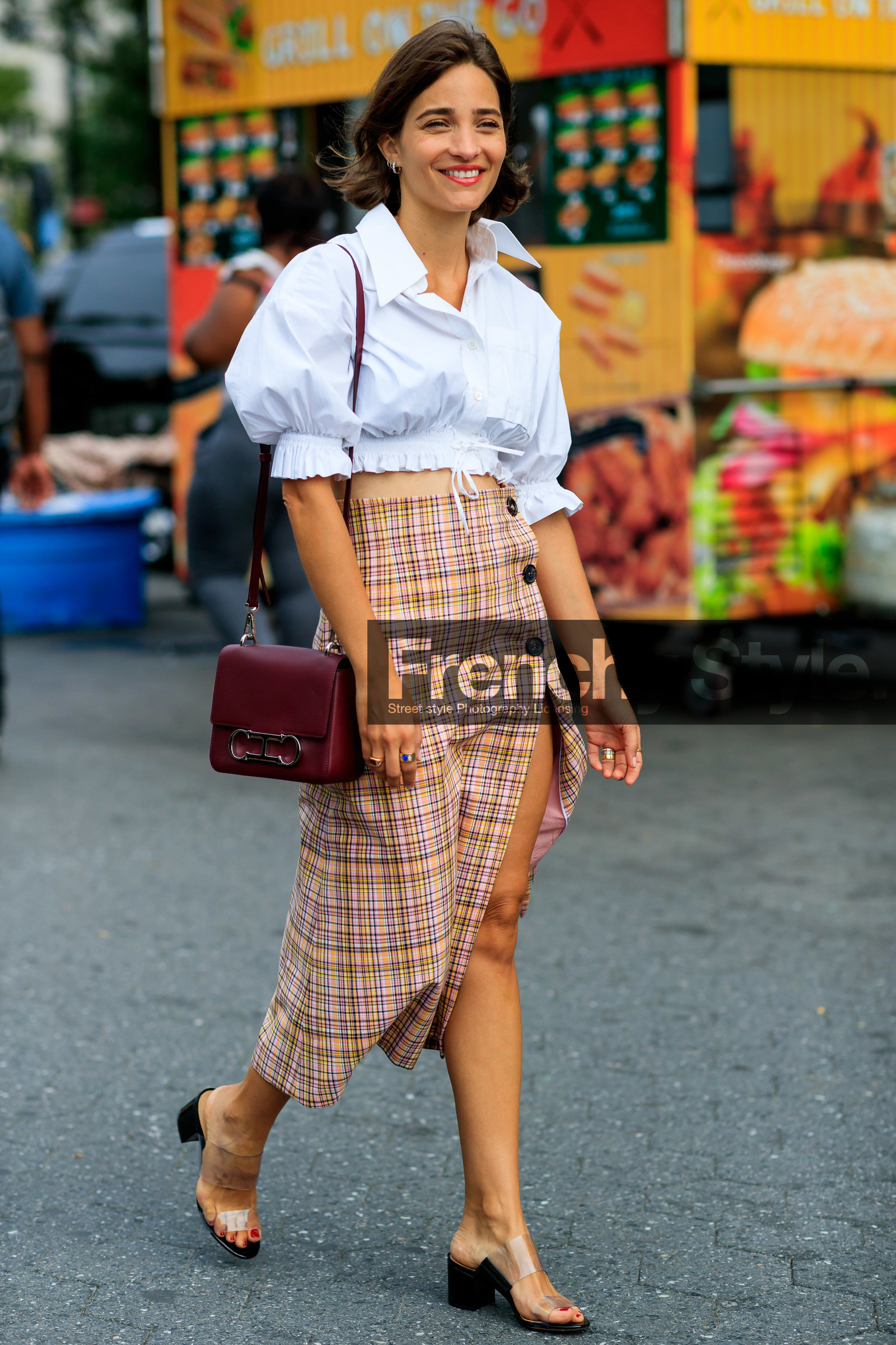 bordeaux, burgundy, carolina herrera, checked, crop top, graphic skirt, high heels, high waist, leather shoes, Maria Dueñas Jacobs, pink skirt, plaid, printed skirt, red bag, red lips, tartan, transparent shoes, white shirt, street style, jonathan paciullo, FW, frenchystyle, fashion week, NEW YORK, NYFW, SPRING SUMMER 2020, SS 20, vertical, full length