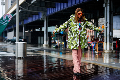 black shoes, down jacket, floral, flowers, graphic jacket, hood, leather shoes, pink pants, printed jacket, sunglasses, trousers, street style, jonathan paciullo, FW, frenchystyle, fashion week, NYFW, NEW YORK, AUTUMN WINTER 2018-2019, AW 18-19, FALL WINTER 2018-2019, FW 18-19, atmosphere details, horizontal, full length