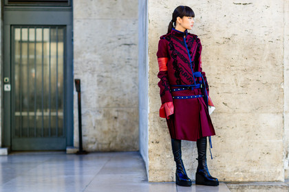 atmosphere details, black boots, bordeaux, burgundy, embroidered jacket, embroideries, fashion week, frenchystyle, full length, FW, high boots, horizontal, jonathan paciullo, kozue akimoto, leather shoes, PARIS, PFW, red jacket, red skirt, sacai, SPRING SUMMER 2017, SS 17, street style