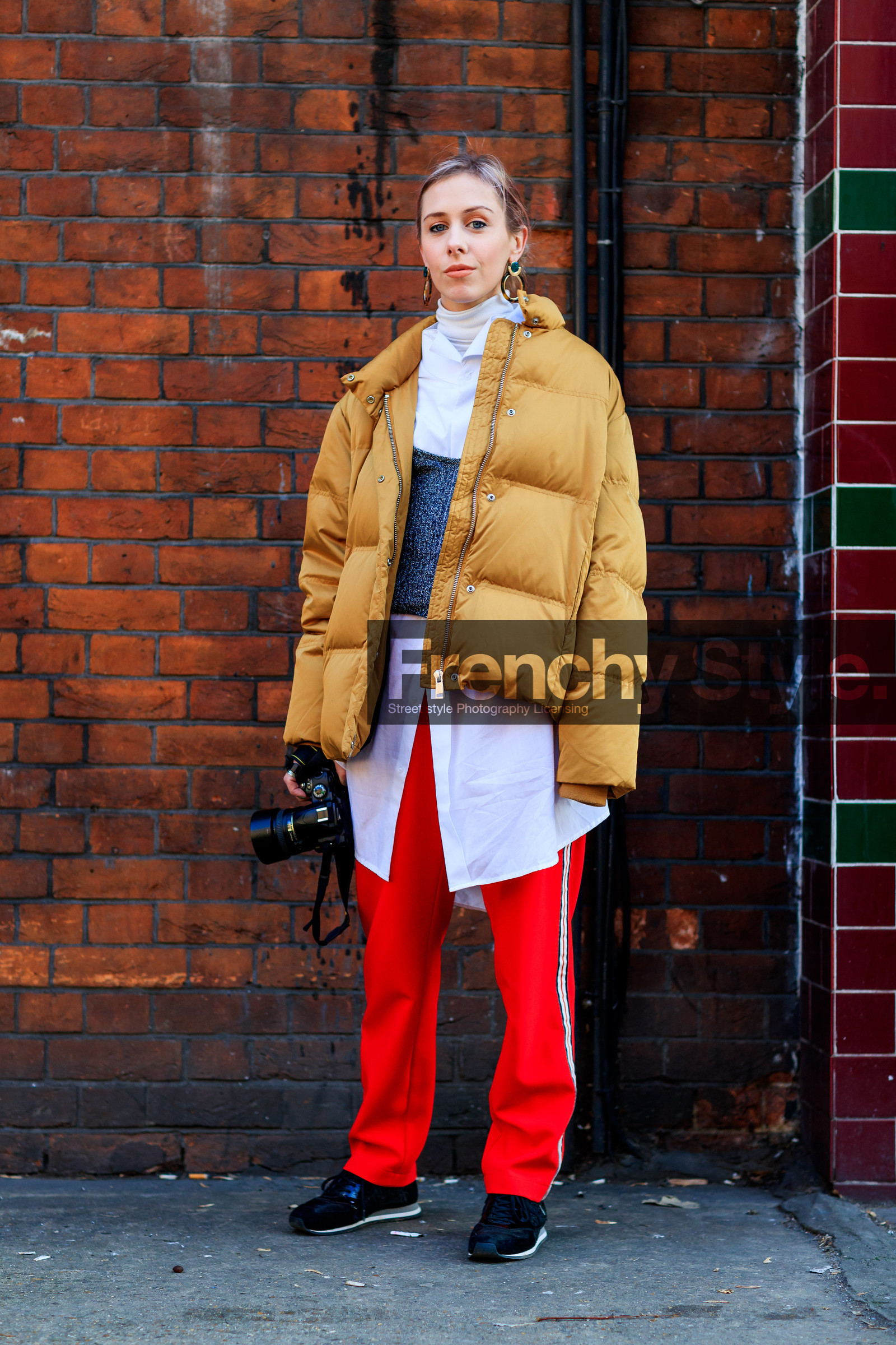 AUTUMN WINTER 2017-2018, AW 17-18, beige jacket, black shoes, black sneakers, camera, down jacket, FALL WINTER 2017-2018, fashion week, frenchystyle, full length, FW, FW 17-18, grey knit, jonathan paciullo, leather shoes, LFW, LONDON, red pants, street style, sweatpants, trousers, vertical, white shirt