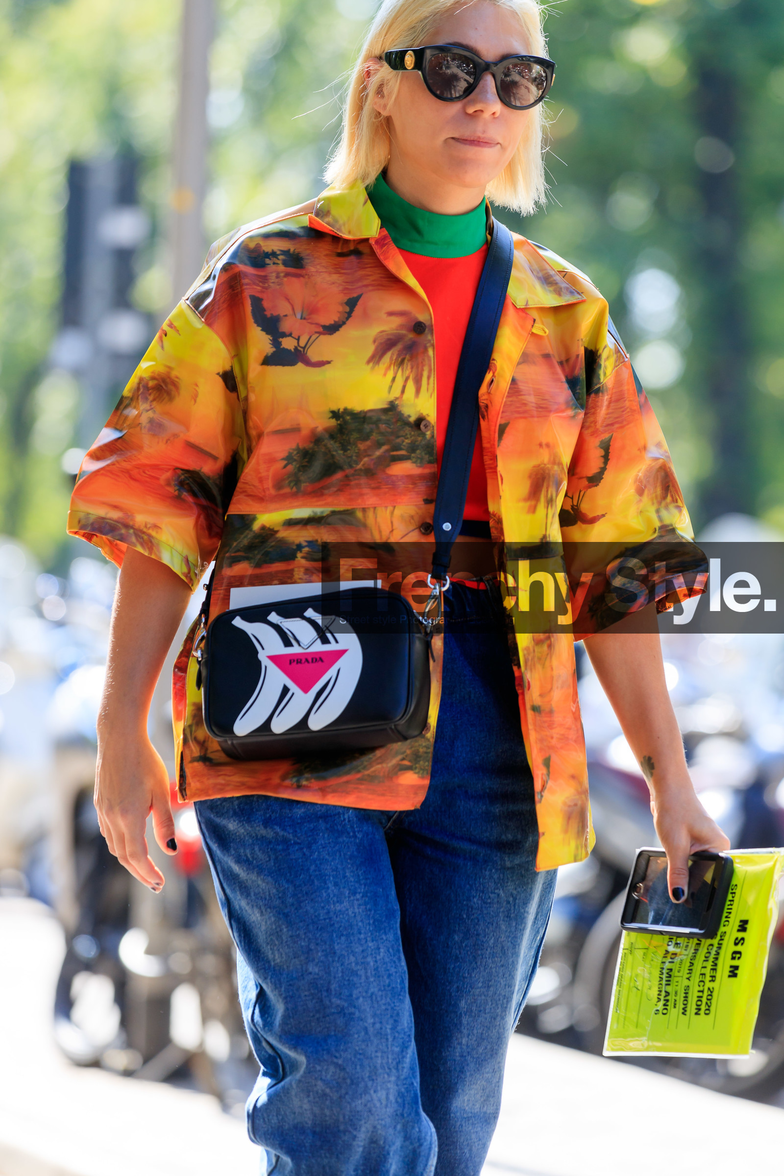 versace sunglasses, black sunglasses, butterfly sunglasses, turtleneck top, red top, green top, orange shirt, short sleeves shirt, printed shirt, prada bag, crossbody bag, printed bag, black leather bag, blue jeans, fashion week, frenchystyle, FW, jonathan paciullo, street style, vertical, atmosphere details, detail, MFW, MILAN, SPRING SUMMER 2020, SS 20