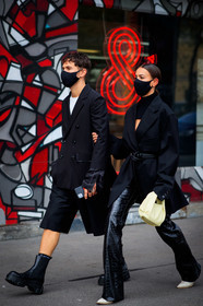 alice barbier, alice & j.s, JS roques, black leather pants, black leather boots, black leather belt, animal skin pants, flare pants, belted jacket, turtleneck pullover, black pullover, low necked jacket, low necked pullover, openwork pullover, white leather clutch, white leather boots, oversize jacket, black jacket, black bermuda shorts, black socks, supreme socks, low boots, flat boots, big sole boots, covid face mask, fashion week, frenchystyle, FW, jonathan paciullo, street style, PFW, PARIS, SPRING SUMMER 2021, SS 21, vertical, full length