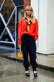 black denim, black shoes, denim pants, high heels, jeanette madsen, jeans, jw anderson, leather bag, leather shoes, red sweater, trousers, velvet, yellow bag, yellow scarf, LONDON, LFW, fashion week, frenchystyle, FW, jonathan paciullo, street style, AUTUMN WINTER 2019-2020, AW 19-20, FW 19-20, FALL WINTER 2019-2020, vertical, full length