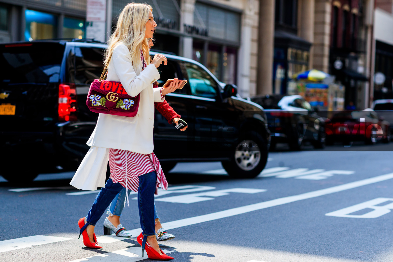 atmosphere details, balenciaga, blazer, blue denim, denim pants, fashion week, floral, flowers, frenchystyle, full length, FW, gucci, high heels, horizontal, jeans, jonathan paciullo, leather bag, leather shoes, NEW YORK, NYFW, printed bag, printed shoes, purple bag, red shoes, SPRING SUMMER 2018, SS 18, street style, trousers, velvet, white jacket