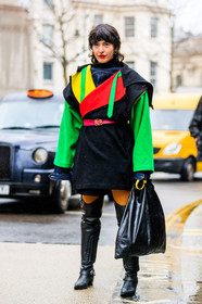 black bag, black dress, black shoes, blue denim, graphic jacket, high boots, leather bag, leather shoes, loewe, printed dress, printed jacket, red belt, street style, jonathan paciullo, FW, frenchystyle, fashion week, LFW, LONDON, AUTUMN WINTER 2018-2019, AW 18-19, FALL WINTER 2018-2019, FW 18-19, vertical, full length, Alicia Padrón