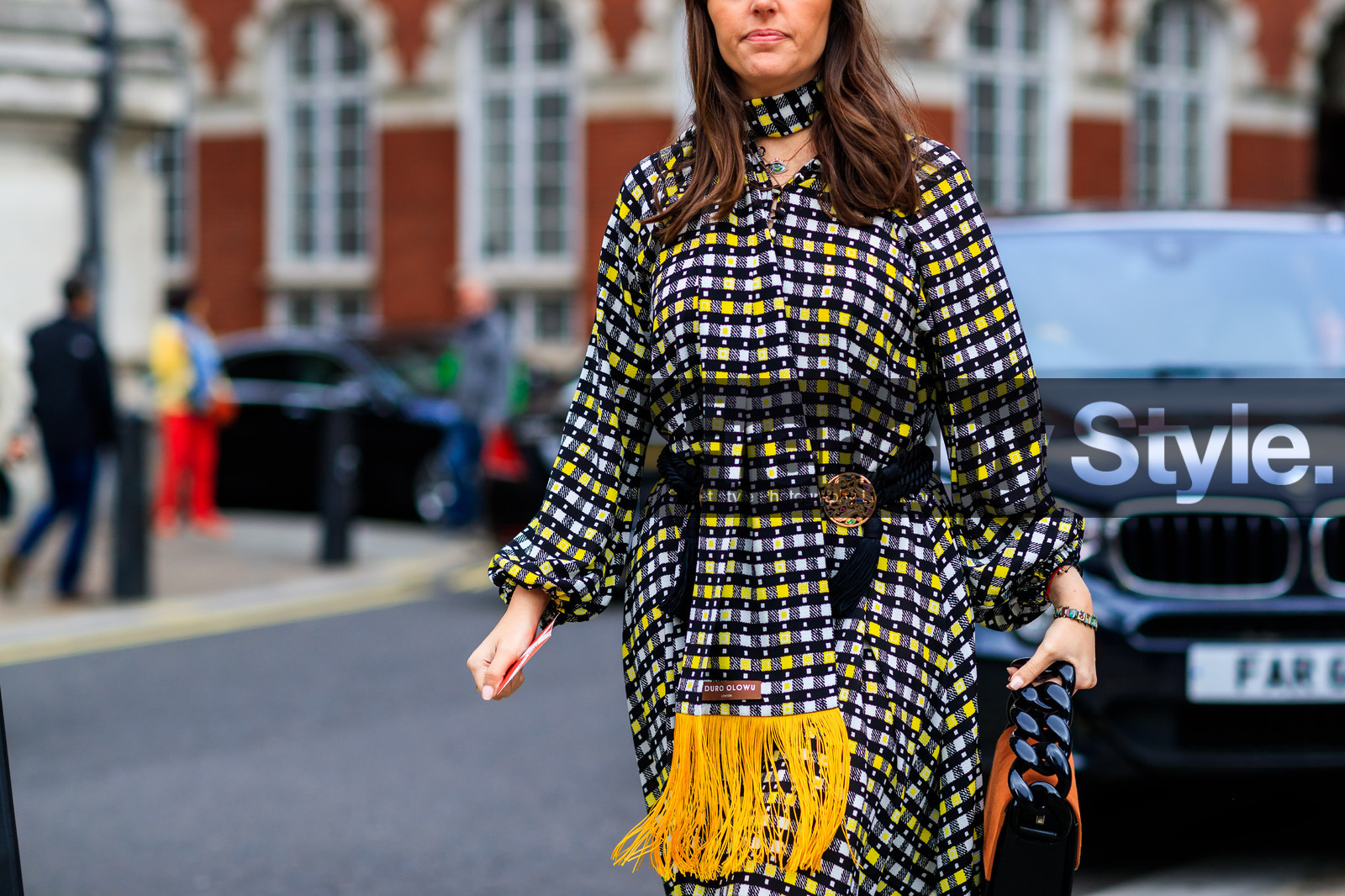atmosphere details, checked dress, detail, fashion week, frenchystyle, FW, graphic dress, horizontal, jonathan paciullo, leather bag, LFW, LONDON, plaid, printed dress, printed scarf, SPRING SUMMER 2018, SS 18, street style