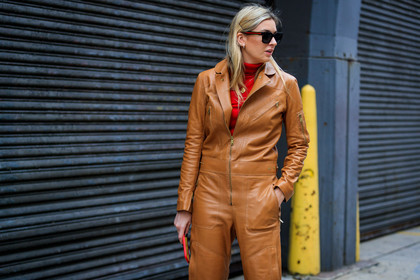 brown jumpsuit, leather jumpsuit, red sweater, sunglasses, trousers, street style, jonathan paciullo, FW, frenchystyle, fashion week, NYFW, NEW YORK, AUTUMN WINTER 2018-2019, AW 18-19, FALL WINTER 2018-2019, FW 18-19, atmosphere details, horizontal, detail, camille charriere