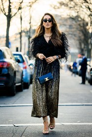 black sunglasses, feathered dress, black dress, gold sequins dress, golden sandals, golden necklace, celine bag, black handbag, logo bag, tamara kalinic, street style, jonathan paciullo, FW, frenchystyle, fashion week, AUTUMN WINTER 2022-2023, FALL WINTER 2022_2023, FW 22-23, PARIS, PFW, vertical, detail