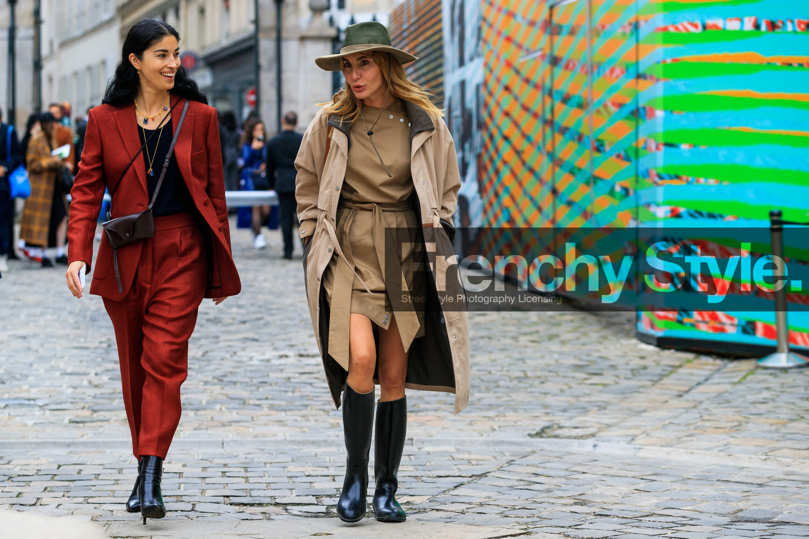 ece sukan, caroline issa, red jacket, red pants, red suits, multi necklace, golden necklace, big chain necklace, stone necklace, red necklace, blue necklace, long necklace, multi charms necklace, black pullover, black leather boots, crossbody bag, box bag, sunglasses box, brown leather bag, beige hat, beige trench coat, beige dress, mini dress, belted dress, kaki hat, flat boots, high boots, fashion week, frenchystyle, FW, jonathan paciullo, street style, PFW, PARIS, SPRING SUMMER 2020, SS 20, horizontal, atmosphere details, full length