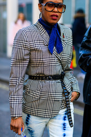 black and white, black belt, blue denim, blue scarf, checked, denim pants, gingham, graphic jacket, houndstooth pattern, jeans, leather belt, plaid, printed jacket, sunglasses, trousers, street style, jonathan paciullo, FW, frenchystyle, fashion week, LFW, LONDON, AUTUMN WINTER 2018-2019, AW 18-19, FALL WINTER 2018-2019, FW 18-19, vertical, atmosphere details, detail