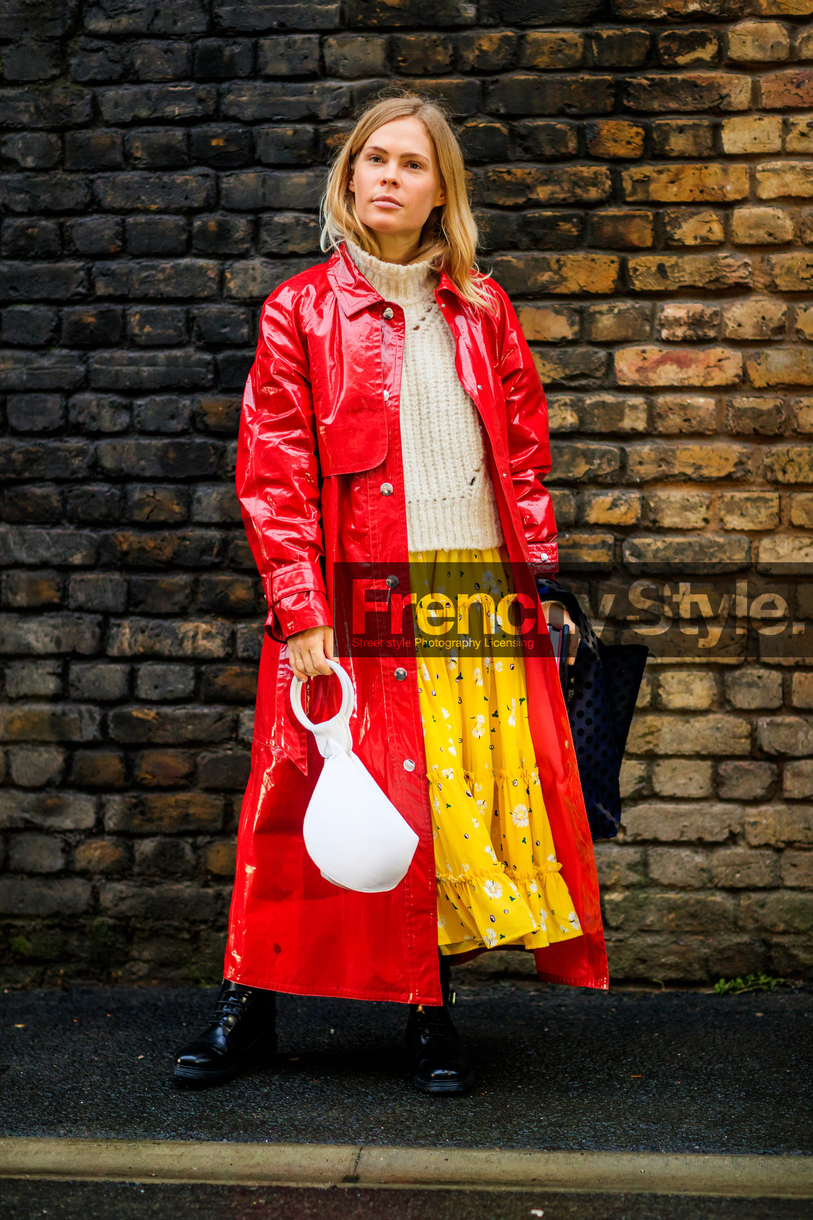 black shoes, blue bag, floral, flowers, graphic skirt, leather bag, leather coat, leather shoes, polka dot, printed skirt, red coat, white bag, white sweater, yellow skirt, street style, jonathan paciullo, FW, frenchystyle, fashion week, LFW, LONDON, AUTUMN WINTER 2018-2019, AW 18-19, FALL WINTER 2018-2019, FW 18-19, vertical, full length, jessie bush