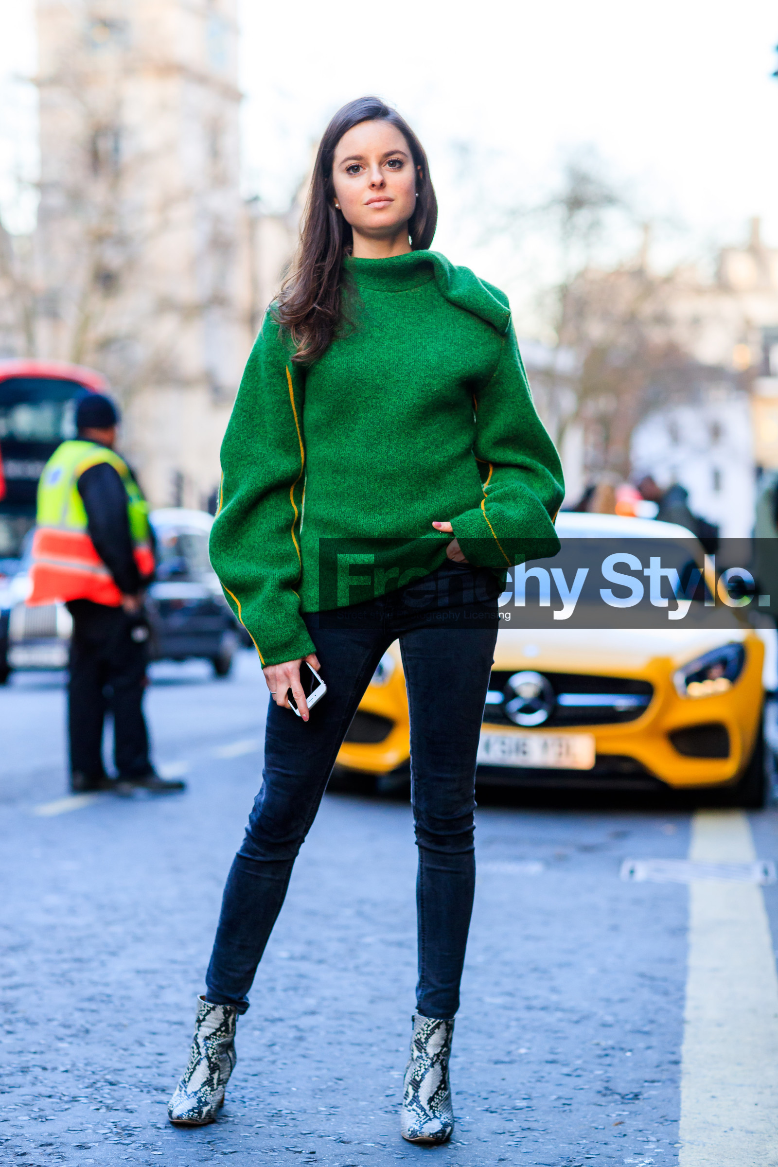 AUTUMN WINTER 2017-2018, AW 17-18, black denim, denim pants, FALL WINTER 2017-2018, fashion week, frenchystyle, full length, FW, FW 17-18, green sweater, high heels, jeans, jonathan paciullo, leather shoes, LFW, LONDON, printed boots, snake print, street style, trousers, vertical