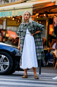 white dress, long dress, wrap dress, brocart dress, checked jacket, green jacket, long jacket, woolen jacket, birkenstock shoes, leopard printed shoes, flat slippers, fur slipers, rolex watch, silvered watch, saint laurent bag, black leather bag, hand bag, geometric bag, box bag, fashion week, frenchystyle, FW, jonathan paciullo, street style, SPRING SUMMER 2020, SS 20, PFW, PARIS, vertical, full length