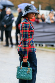 dior bag, dior jacket, dior hat, black hat, monogrammed hat, tulle hat, red jacket, checked jacket, plaid jacket, lady dior bag, quilted bag, hand bag, green leather bag, denim, fashion week, frenchystyle, FW, jonathan paciullo, street style, SPRING SUMMER 2020, SS 20, PFW, PARIS, vertical, atmosphere details, detail