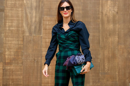 gala gonzalez, black sunglasses, square shape glasses, black shirt, black top, black pants, green top, green pants, checked pants, checked top, balloon sleeves, strapless top, silk scarf, monogrammed scarf, blue scarf, green leather bag, 30 montaigne bag, drape top, dior bag, dior pants, dior shirt, dior top, dior total look, fashion week, frenchystyle, FW, jonathan paciullo, street style, SPRING SUMMER 2020, SS 20, PFW, PARIS, horizontal, atmosphere details, detail