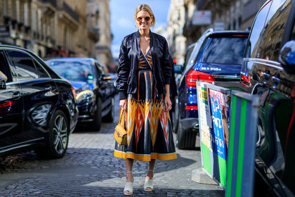 atmosphere details, beige shoes, black dress, black jacket, bomber jacket, fashion week, frenchystyle, full length, FW, graphic dress, helena bordon, high heels, horizontal, jonathan paciullo, leather bag, leather dress, leather shoes, multicolor dress, PARIS, PFW, printed dress, SPRING SUMMER 2017, SS 17, street style, sunglasses, valentino, yellow bag