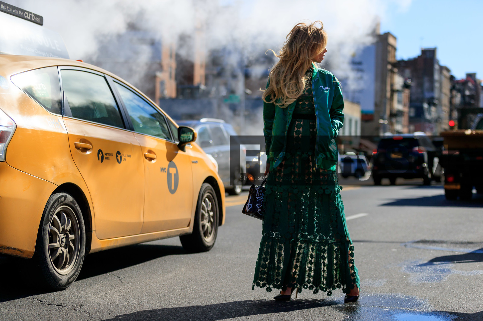 balenciaga, black bag, graffiti, graphic bag, graphic dress, green dress, green jacket, high heels, lace dress, leather bag, leather shoes, printed bag, printed dress, see through, tommy hilfiger, street style, jonathan paciullo, frenchystyle, NYFW, NEW YORK, AUTUMN WINTER 2019-2020, AW 19-20, FALL WINTER 2019-2020, FW 19-20, fashion week, FW, atmosphere details, horizontal, full length