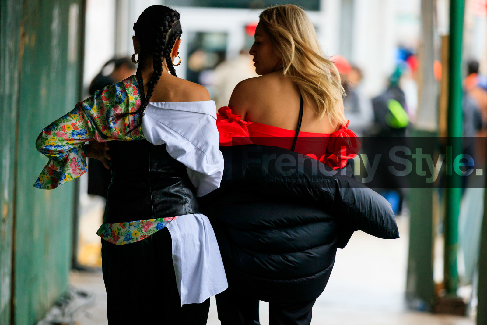 asymetric, black belt, black jacket, black pants, braids, corset, down jacket, off the shoulder, red top, tina leung, trousers, white shirt, street style, jonathan paciullo, frenchystyle, NYFW, NEW YORK, AUTUMN WINTER 2019-2020, AW 19-20, FALL WINTER 2019-2020, FW 19-20, fashion week, FW, atmosphere details, horizontal, detail