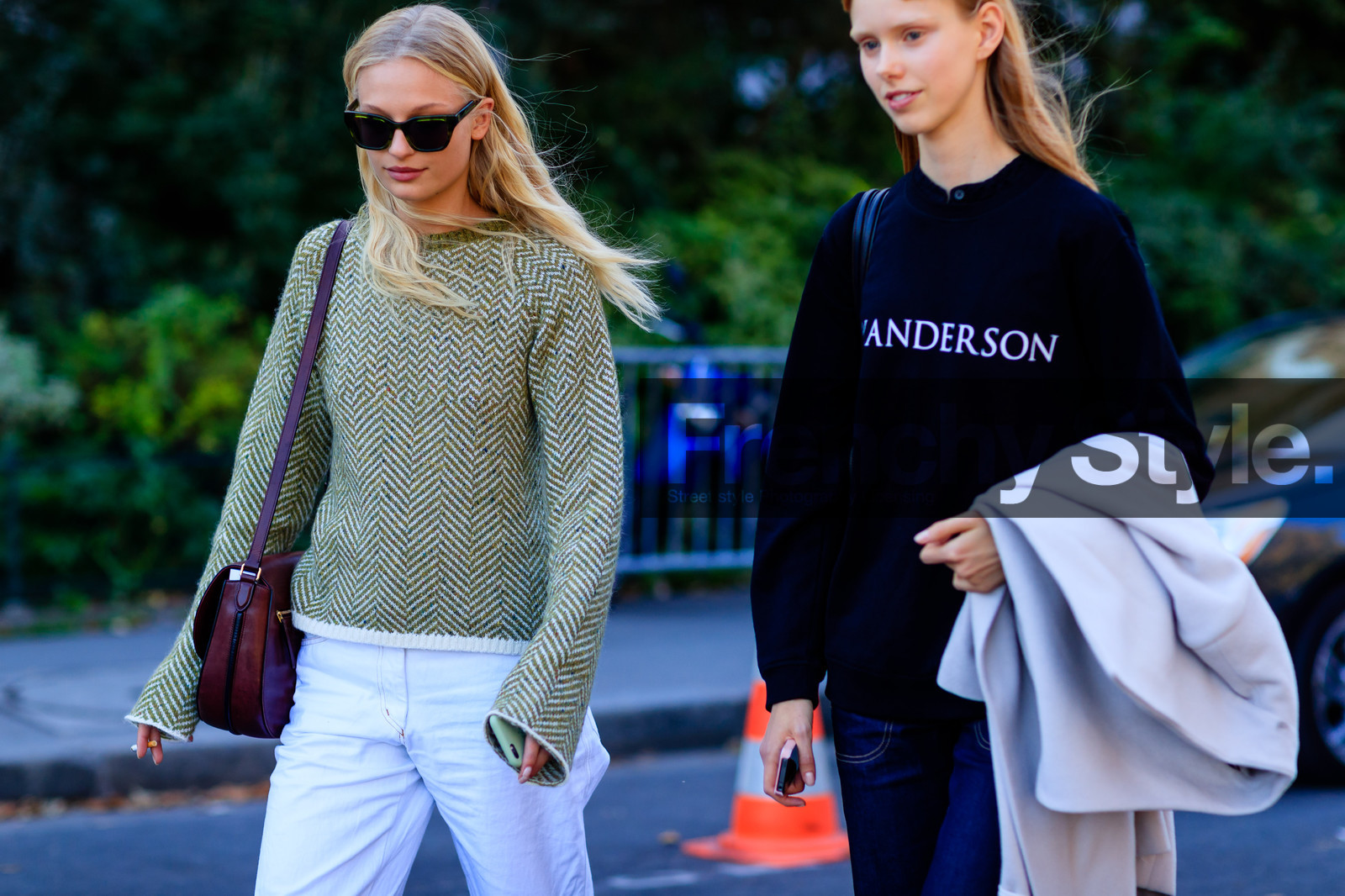 atmosphere details, black sweater, blue denim, bordeaux, burgundy, denim pants, detail, fashion week, Frederikke Sofie Falbe-Hansen, frenchystyle, FW, green sweater, horizontal, jeans, jonathan paciullo, jw anderson, leather bag, Lululeika Ravn Liep, model, PARIS, PFW, printed sweater, red bag, SPRING SUMMER 2017, SS 17, street style, sunglasses, trousers, white denim