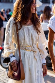 bicolor bag, bohemian, brown bag, Chiara Totire, crochet, crochet belt, dress, embroidery, leather bag, white belt, white dress, fashion week, frenchystyle, FW, jonathan paciullo, street style, MFW, MILAN, SPRING SUMMER 2022, SS 22, vertical, atmosphere details, detail