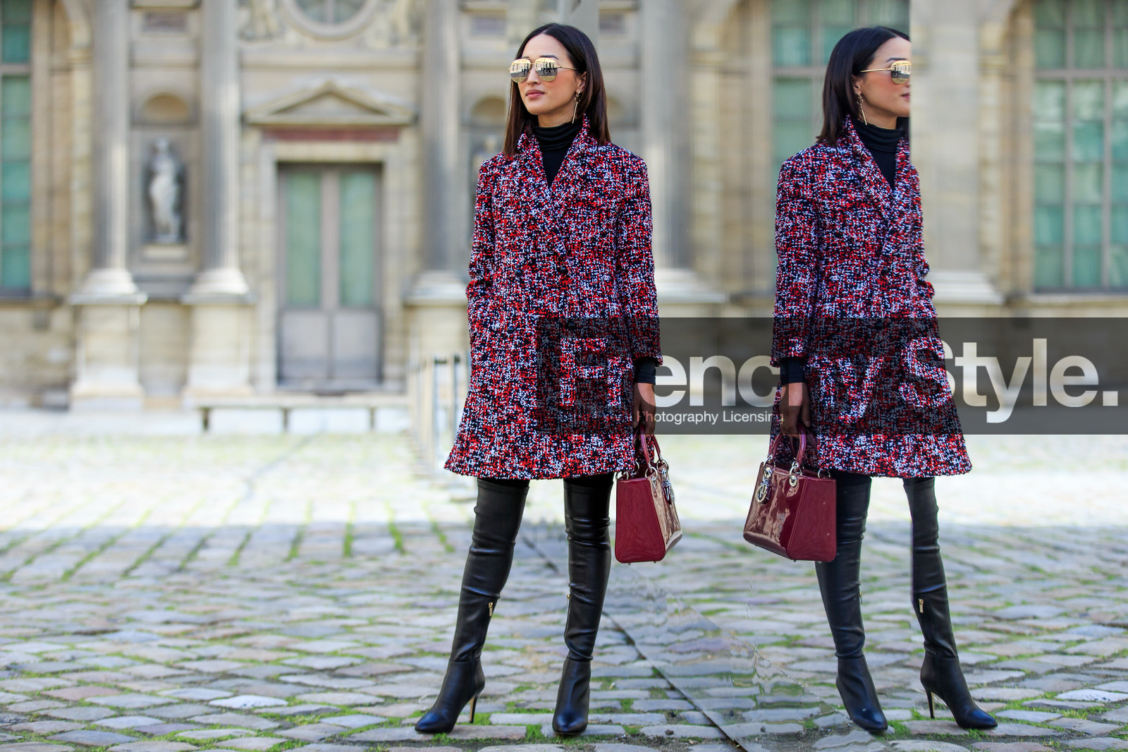 atmosphere details, AUTUMN WINTER 2016-2017, aviator sunglasses, AW 16-17, black boots, black heels, black turtleneck, christian dior, FALL WINTER 2016-2017, fashion week, frenchystyle, full length, FW, FW 16-17, high boots, high heels, horizontal, jonathan paciullo, leather bag, leather boots, mirror effect, nicole warne, PARIS, PFW, red bag, red coat, street style, sunglasses, tweed coat