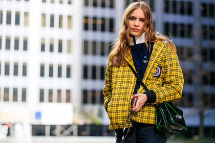 black bag, black pants, checked, corduroy, graphic jacket, leather bag, long hair, navy sweater, plaid, printed jacket, trousers, yellow jacket, street style, jonathan paciullo, FW, frenchystyle, fashion week, NYFW, NEW YORK, AUTUMN WINTER 2018-2019, AW 18-19, FALL WINTER 2018-2019, FW 18-19, atmosphere details, horizontal, detail, model