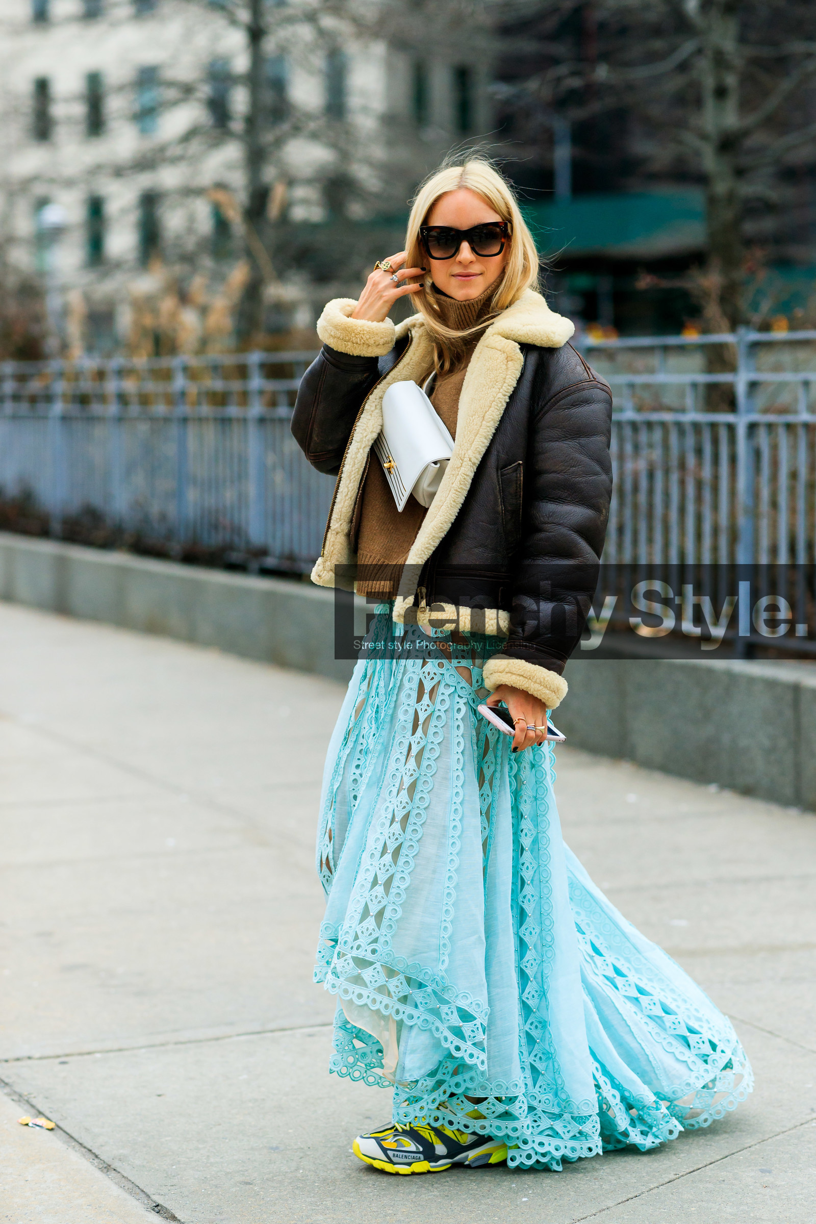 balenciaga, blue skirt, brown jacket, brown sweater, chanel handbag, Charlotte Groeneveld, graphic dress, graphic skirt, leather bag, leather jacket, leather shoes, printed dress, printed skirt, shearling, sunglasses, white bag, yellow sneakers, street style, jonathan paciullo, frenchystyle, NYFW, NEW YORK, AUTUMN WINTER 2019-2020, AW 19-20, FALL WINTER 2019-2020, FW 19-20, fashion week, FW, vertical, full length