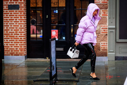 black and white bag, black mules, black pants, black shoes, chanel, down jacket, graphic bag, high heels, hood, leather bag, leather pants, leather shoes, printed bag, purple jacket, trousers, street style, jonathan paciullo, FW, frenchystyle, fashion week, NYFW, NEW YORK, AUTUMN WINTER 2018-2019, AW 18-19, FALL WINTER 2018-2019, FW 18-19, atmosphere details, horizontal, full length, vanessa hong