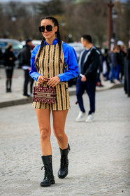 tamara kalinic, blue shirt, plaited hair, dior bag, dior sunglasses, big sunglasses, square shape glasses, beige jumpsuit, black jumpsuit, striped jumpsuit, sleeveless jumpsuit, short jumpsuit, burgundy bag, monogrammed bag, mini bag, hand bag, black leather boots, laced boots, flat boots, openwork boots, fishnet shoes, dior boots, fashion week, frenchystyle, FW, jonathan paciullo, street style, PFW, PARIS, AUTUMN WINTER 2020-2021, FALL WINTER 2020-2021, FW 20-21, vertical, full length