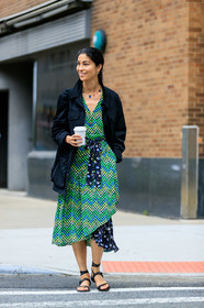 black jacket, black shoes, caroline issa, floral, flowers, graphic dress, green dress, leather shoes, printed dress, street style, jonathan paciullo, FW, frenchystyle, fashion week, NEW YORK, NYFW, SPRING SUMMER 2020, SS 20, vertical, full length