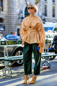 beige shirt, fashion week, frenchystyle, full length, FW, golden sandals, golden shoes, green pants, high heels, jonathan paciullo, leather shoes, oversize, PARIS, PFW, pleats, SPRING SUMMER 2017, SS 17, street style, sunglasses, trousers, vertical, vika gazinskaya
