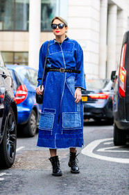 AUTUMN WINTER 2017-2018, AW 17-18, black belt, black boots, black shoes, blue denim, denim coat, denim dress, FALL WINTER 2017-2018, fashion week, frenchystyle, full length, FW, FW 17-18, jonathan paciullo, leather bag, leather shoes, LFW, LONDON, street style, sunglasses, vertical