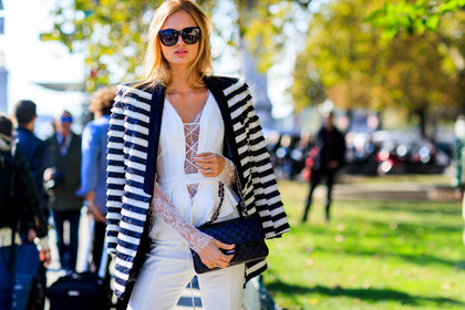 atmosphere details, black and white, black bag, chanel, detail, fashion week, frenchystyle, FW, geometric, graphic jacket, horizontal, jonathan paciullo, lace top, leather bag, model, over the shoulder, PARIS, PFW, printed jacket, romee strijd, SPRING SUMMER 2017, SS 17, street style, striped jacket, stripes, sunglasses, trousers, white pants, white top