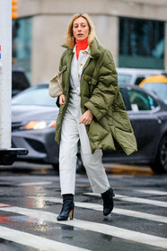 beige bag, black shoes, down jacket, green coat, high heels, leather bag, leather shoes, red sweater, trousers, turtleneck sweater, white jumpsuit, street style, jonathan paciullo, frenchystyle, NYFW, NEW YORK, AUTUMN WINTER 2019-2020, AW 19-20, FALL WINTER 2019-2020, FW 19-20, fashion week, FW, vertical, full length