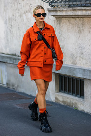 black bag, black boots, black sunglasses, chunky boots, jacket, leather boots, mini skirt, orange jacket, orange socks, prada bag, prada boots, skirt, sunglasses, wool jacket, wool skirt, fashion week, frenchystyle, FW, jonathan paciullo, street style, SPRING SUMMER 2022, SS 22, MFW, MILAN, vertical, full length
