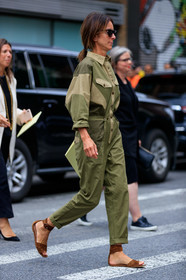 brown sandals, green jumpsuit, leather shoes, sunglasses, trousers, street style, jonathan paciullo, FW, frenchystyle, fashion week, NEW YORK, NYFW, SPRING SUMMER 2020, SS 20, vertical, full length
