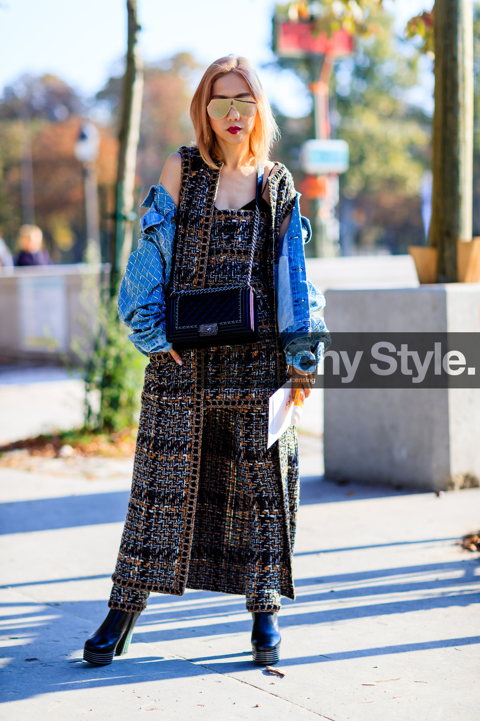black bag, black boots, blue denim, boy bag, brown dress, chanel, denim jacket, embroidered jacket, fashion week, frenchystyle, full length, FW, jonathan paciullo, leather bag, leather shoes, off the shoulder, PARIS, PFW, SPRING SUMMER 2017, SS 17, street style, sunglasses, tweed dress, vertical